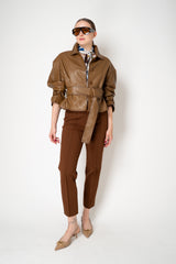 Dorothee Schumacher Oversized Cropped Leather Jacket with Belted Cuffs and Waist in Porcini