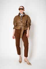 Dorothee Schumacher Oversized Cropped Leather Jacket with Belted Cuffs and Waist in Porcini