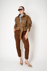 Dorothee Schumacher Oversized Cropped Leather Jacket with Belted Cuffs and Waist in Porcini