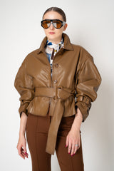 Dorothee Schumacher Oversized Cropped Leather Jacket with Belted Cuffs and Waist in Porcini