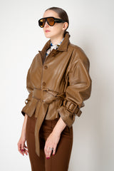 Dorothee Schumacher Oversized Cropped Leather Jacket with Belted Cuffs and Waist in Porcini