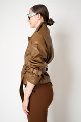 Dorothee Schumacher Oversized Cropped Leather Jacket with Belted Cuffs and Waist in Porcini