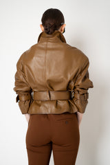 Dorothee Schumacher Oversized Cropped Leather Jacket with Belted Cuffs and Waist in Porcini