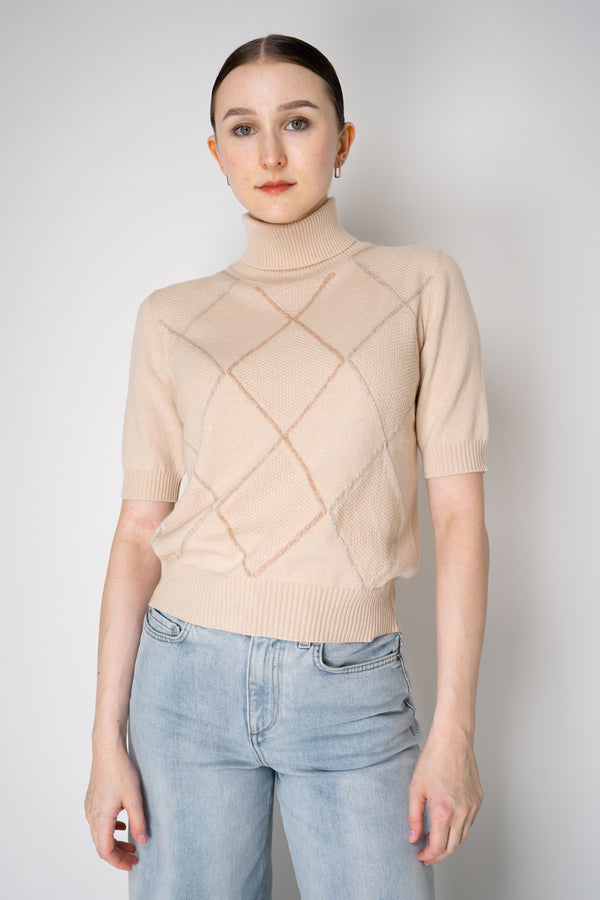 D. Exterior Knit Diamond Checkered Lurex Short Sleeve Turtleneck Sweater in Pink Nude Vancouver. Shop Online or in Store.