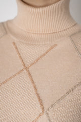 D. Exterior Knit Diamond Checkered Lurex Short Sleeve Turtleneck Sweater in Pink Nude Vancouver. Shop Online or in Store.