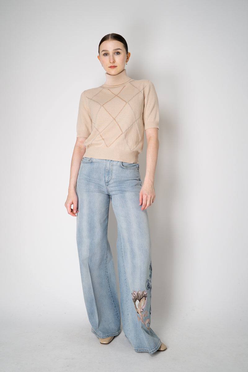 D. Exterior Knit Diamond Checkered Lurex Short Sleeve Turtleneck Sweater in Pink Nude Vancouver. Shop Online or in Store.