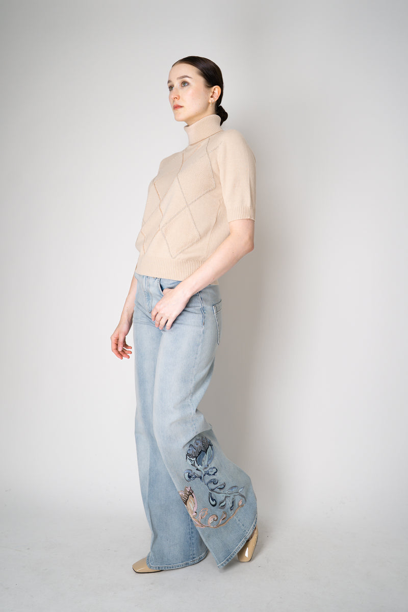 D. Exterior Knit Diamond Checkered Lurex Short Sleeve Turtleneck Sweater in Pink Nude Vancouver. Shop Online or in Store.