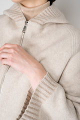 D. Exterior Stretch Knit Wool Blend 3/4 Sleeve Hooded Jacket in Beige Vancouver. Shop Online or in Store.