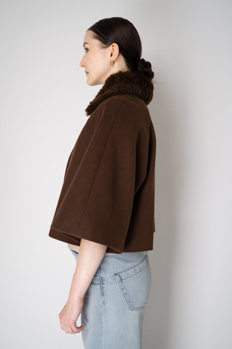 Fabiana Filippi Virgin Wool Cropped Bell Shaped Coat with Detachable Shearling NeckLine in Chestnut Brown Vancouver. Shop Online or in Store.