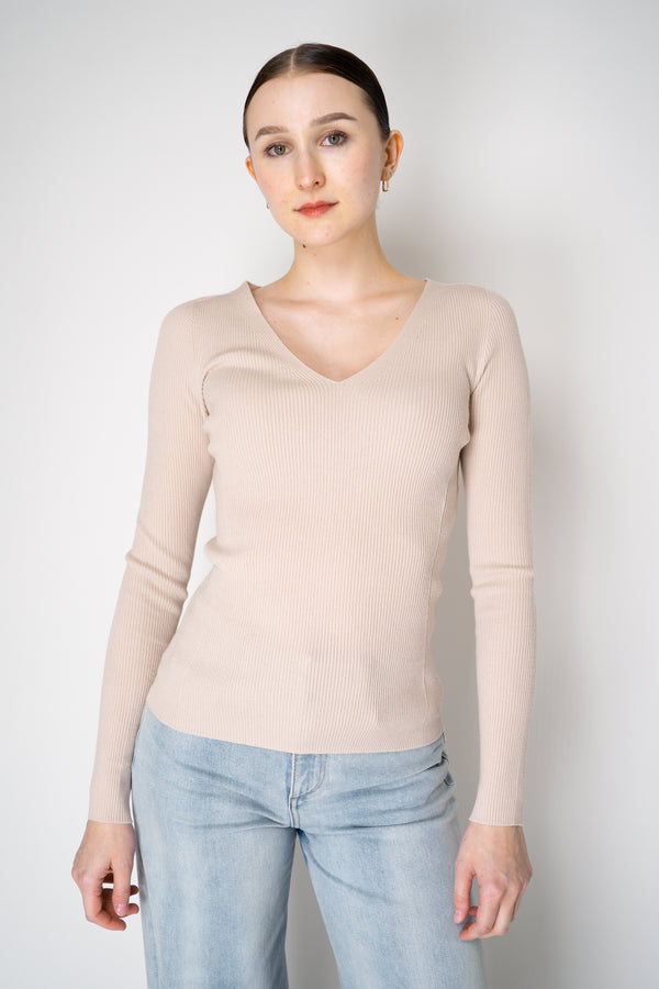D. Exterior Virgin Wool Knit Ribbed V-neck Pullover in Nude Vancouver. Shop Online or in Store.