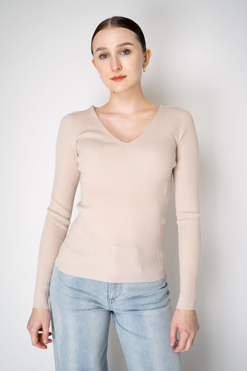 D. Exterior Virgin Wool Knit Ribbed V-neck Pullover in Nude Vancouver. Shop Online or in Store.