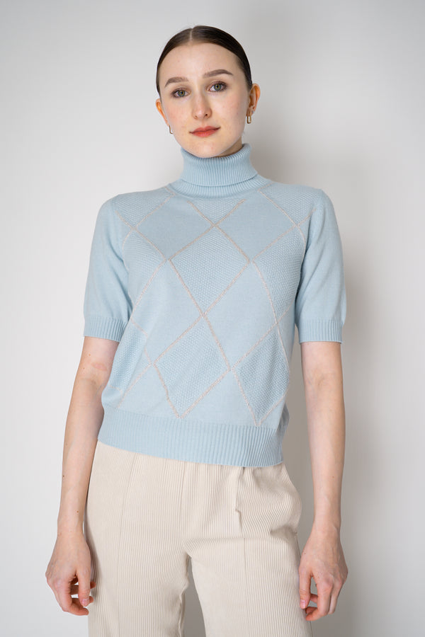 D. Exterior Knit Diamond Checkered Lurex Short Sleeve Turtleneck Sweater in Light Blue Vancouver. Shop Online or in Store.