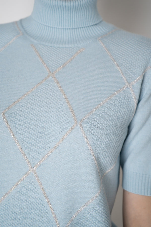 D. Exterior Knit Diamond Checkered Lurex Short Sleeve Turtleneck Sweater in Light Blue Vancouver. Shop Online or in Store.