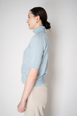 D. Exterior Knit Diamond Checkered Lurex Short Sleeve Turtleneck Sweater in Light Blue Vancouver. Shop Online or in Store.