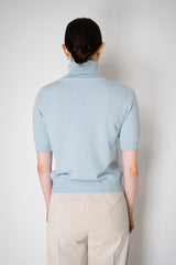 D. Exterior Knit Diamond Checkered Lurex Short Sleeve Turtleneck Sweater in Light Blue Vancouver. Shop Online or in Store.