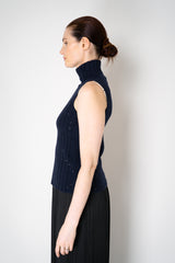 Amina Rubinacci Sequin Knit Turtleneck with Hip Cut-Out in Navy Vancouver. Shop Online or in Store.