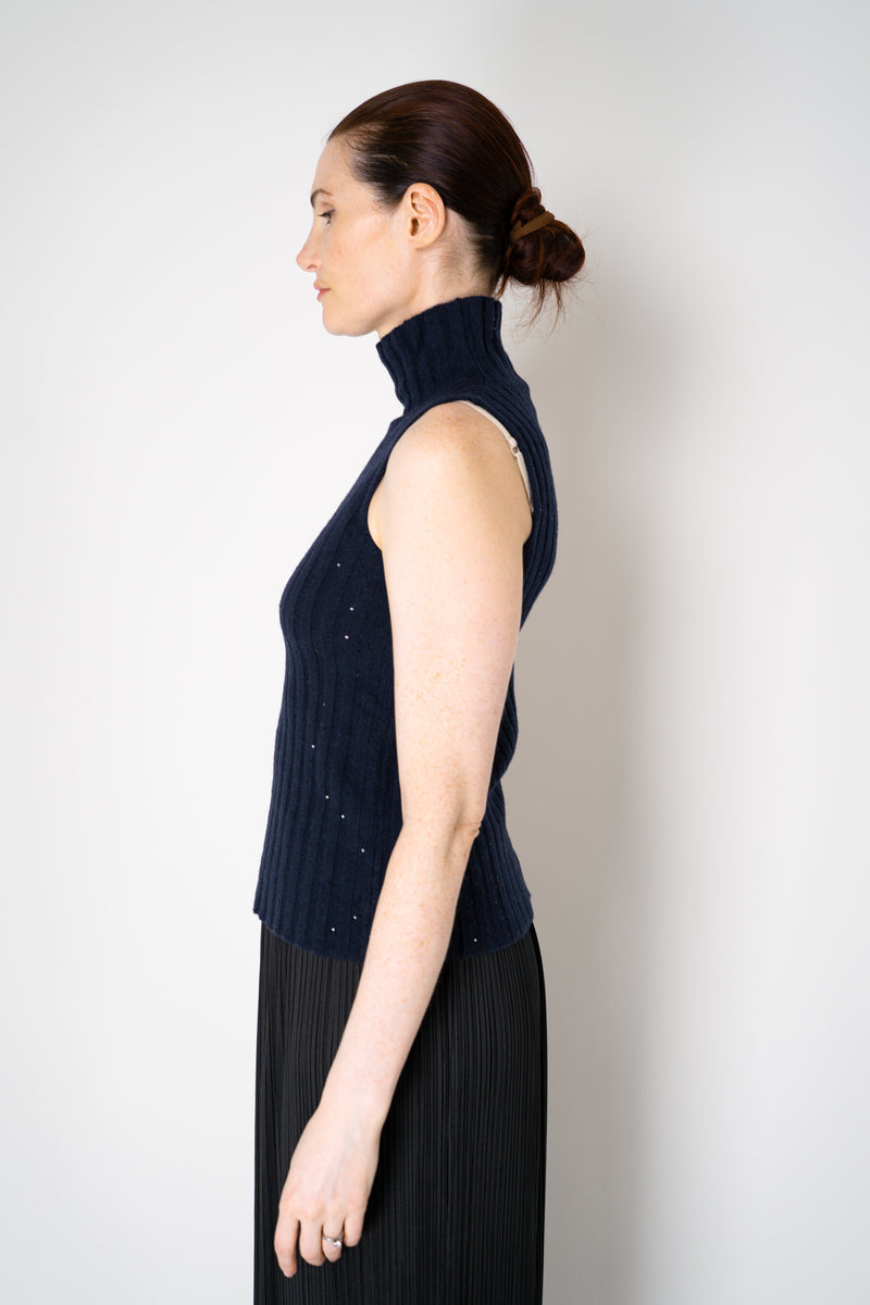 Amina Rubinacci Sequin Knit Turtleneck with Hip Cut-Out in Navy Vancouver. Shop Online or in Store.