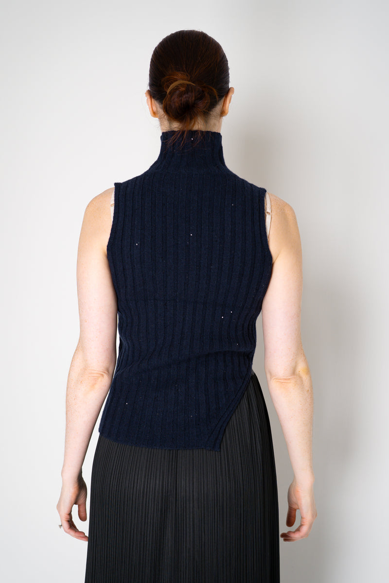Amina Rubinacci Sequin Knit Turtleneck with Hip Cut-Out in Navy Vancouver. Shop Online or in Store.
