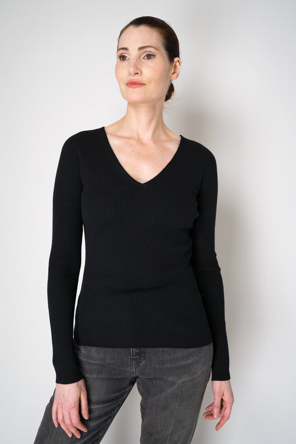 D. Exterior Virgin Wool Knit Ribbed V-neck Pullover in Black Vancouver. Shop Online or in Store.