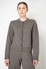 Fabiana Filippi Wool Cashmere Crew Neck Cardigan With Rhinestone Button Trim in Taupe