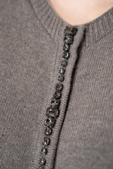 Fabiana Filippi Wool Cashmere Crew Neck Cardigan With Rhinestone Button Trim in Taupe