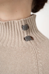 Rocco Ragni Wool Cashmere Knit Turtleneck Pullover with Brilliant Beading Detail in Taupe