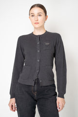 Rocco Ragni Wool Cashmere Ribbed Knit Round Neck Cardigan with Filo Diamante Tab Pocket in Charcoal