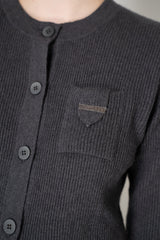 Rocco Ragni Wool Cashmere Ribbed Knit Round Neck Cardigan with Filo Diamante Tab Pocket in Charcoal