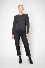 Rocco Ragni Wool Cashmere Ribbed Knit Round Neck Cardigan with Filo Diamante Tab Pocket in Charcoal