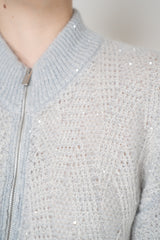 Peserico Mohair Alpaca Knit Sequined Bomber Cardigan in Silver Blue