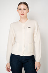 Rocco Ragni Wool Cashmere Ribbed Knit Round Neck Cardigan with Filo Diamante Tab Pocket in Off-White