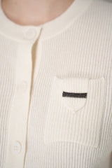 Rocco Ragni Wool Cashmere Ribbed Knit Round Neck Cardigan with Filo Diamante Tab Pocket in Off-White