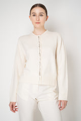Fabiana Filippi Wool Cashmere Crew Neck Cardigan With Rhinestone Button Trim in Off-White