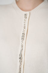 Fabiana Filippi Wool Cashmere Crew Neck Cardigan With Rhinestone Button Trim in Off-White