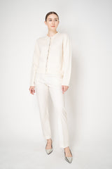 Fabiana Filippi Wool Cashmere Crew Neck Cardigan With Rhinestone Button Trim in Off-White