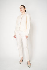 Fabiana Filippi Wool Cashmere Crew Neck Cardigan With Rhinestone Button Trim in Off-White