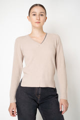 Rocco Ragni Wool Cashmere Ribbed Knit Filo Diamante V-Neck Pullover in Taupe