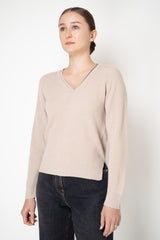 Rocco Ragni Wool Cashmere Ribbed Knit Filo Diamante V-Neck Pullover in Taupe