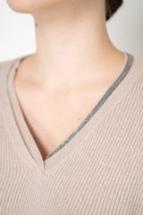 Rocco Ragni Wool Cashmere Ribbed Knit Filo Diamante V-Neck Pullover in Taupe
