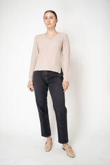 Rocco Ragni Wool Cashmere Ribbed Knit Filo Diamante V-Neck Pullover in Taupe