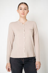 Rocco Ragni Wool Cashmere Knit Round Neck Cardigan with Filo Diamante Chest Pocket in Taupe