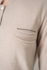 Rocco Ragni Wool Cashmere Knit Round Neck Cardigan with Filo Diamante Chest Pocket in Taupe