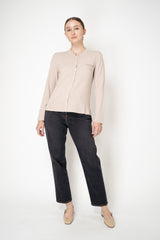 Rocco Ragni Wool Cashmere Knit Round Neck Cardigan with Filo Diamante Chest Pocket in Taupe