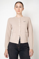 Rocco Ragni Wool Cashmere Ribbed Knit Round Neck Cardigan with Filo Diamante Tab Pocket in Taupe