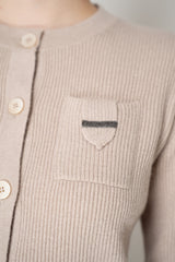 Rocco Ragni Wool Cashmere Ribbed Knit Round Neck Cardigan with Filo Diamante Tab Pocket in Taupe