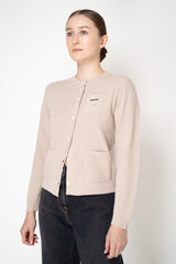 Rocco Ragni Wool Cashmere Ribbed Knit Round Neck Cardigan with Filo Diamante Tab Pocket in Taupe
