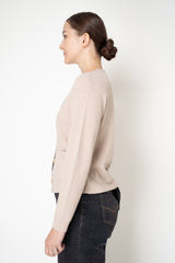 Rocco Ragni Wool Cashmere Ribbed Knit Round Neck Cardigan with Filo Diamante Tab Pocket in Taupe