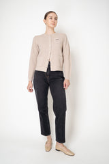 Rocco Ragni Wool Cashmere Ribbed Knit Round Neck Cardigan with Filo Diamante Tab Pocket in Taupe