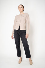 Rocco Ragni Wool Cashmere Ribbed Knit Round Neck Cardigan with Filo Diamante Tab Pocket in Taupe