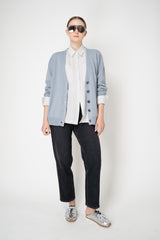 Peserico Wool Cashmere Relaxed Fit Knit V-Neck Cardigan with Faux Pocket in Dusty Blue